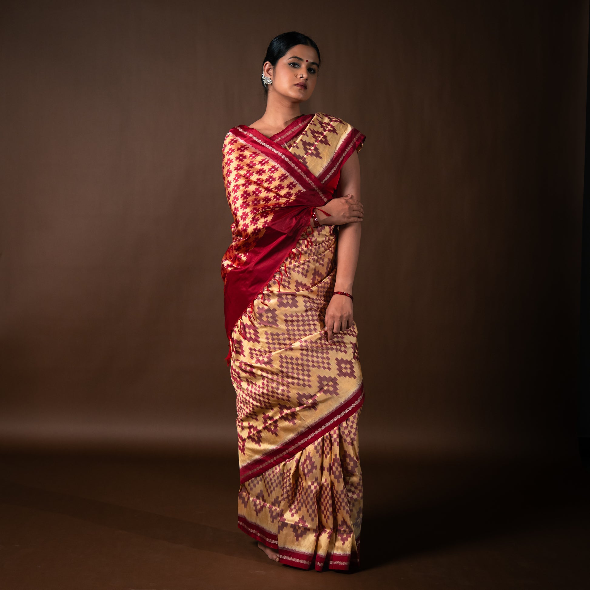 Bibhu Mohapatra Red & Yellow Mulberry Silk Pochampally Ikat Saree Ikatan