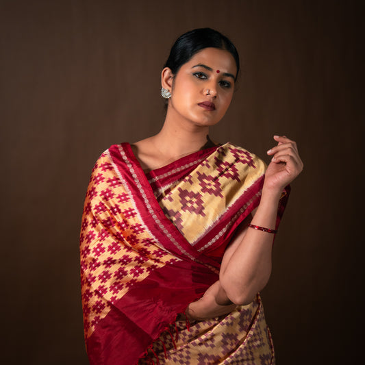 Bibhu Mohapatra Red & Yellow Mulberry Silk Pochampally Ikat Saree Ikatan