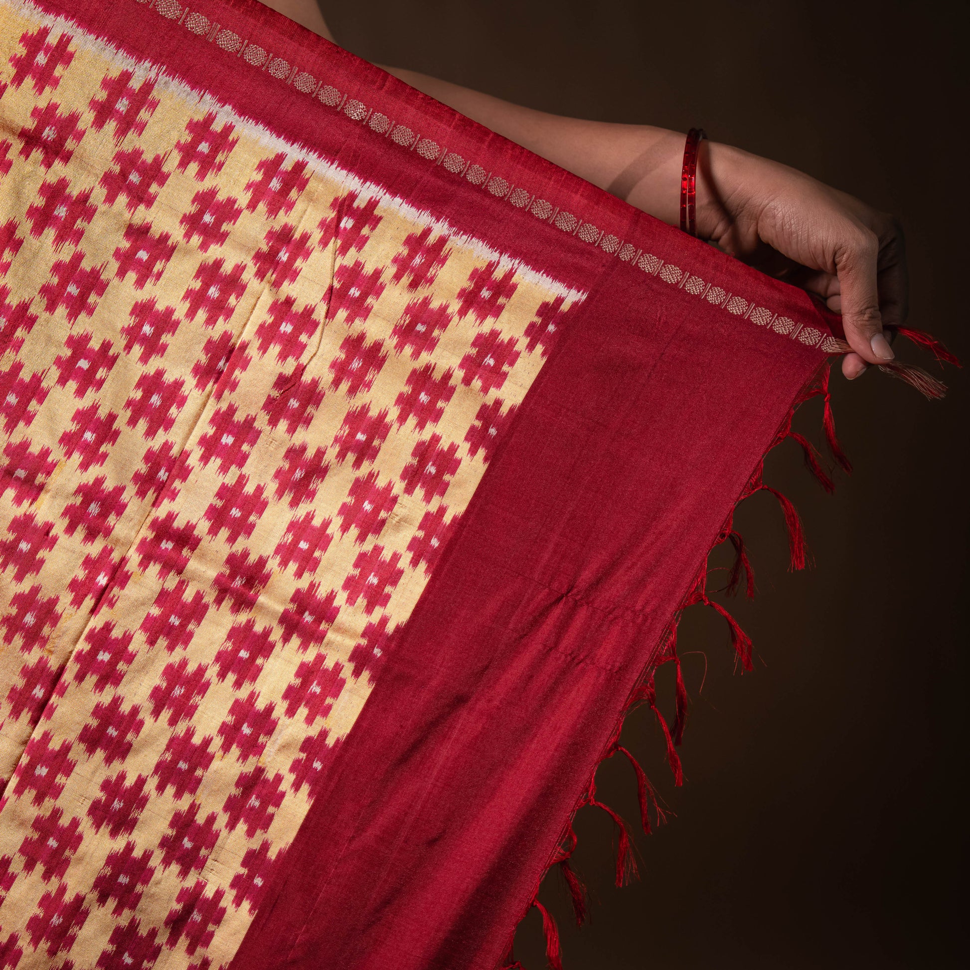 Bibhu Mohapatra Red & Yellow Mulberry Silk Pochampally Ikat Saree Ikatan