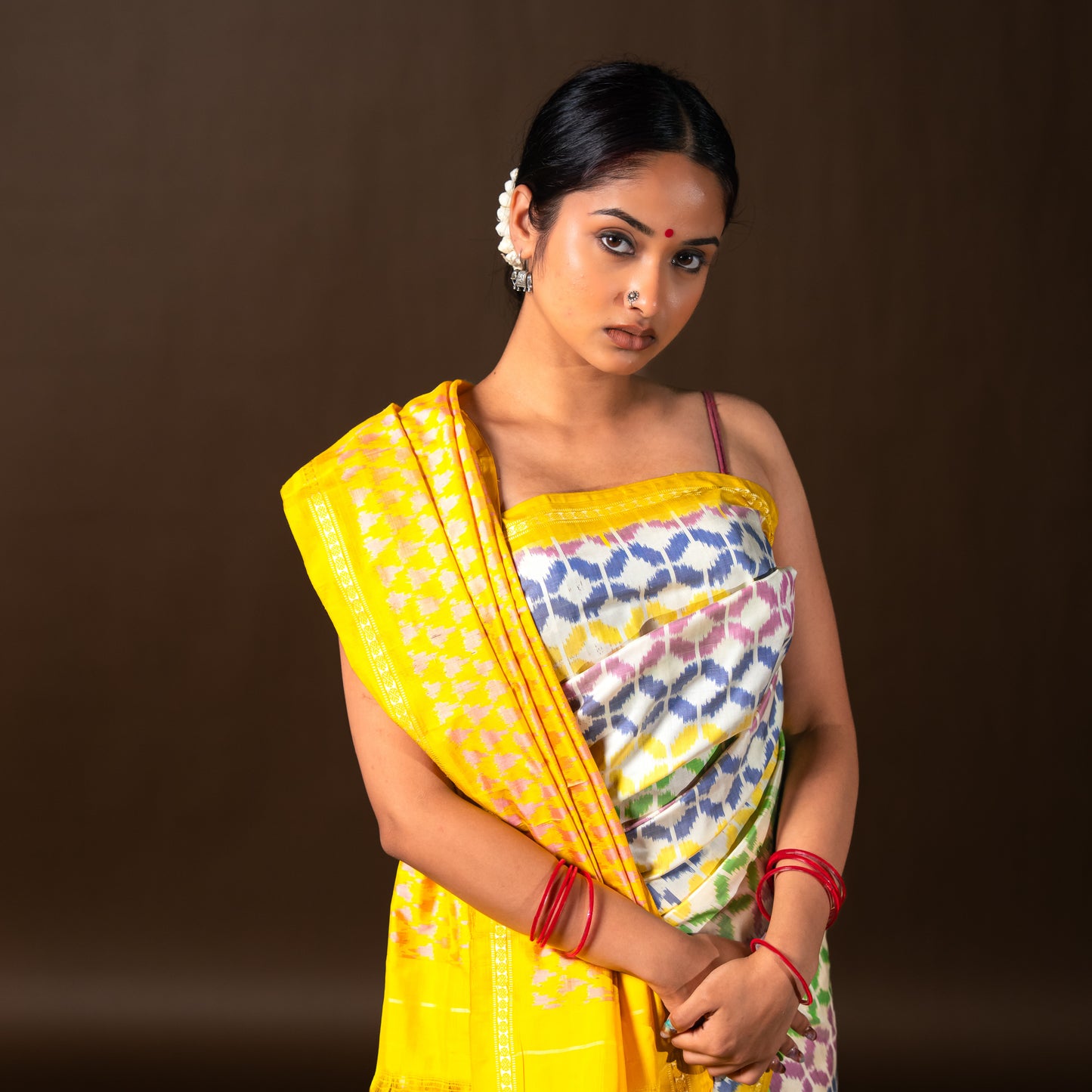 Bibhu Mohapatra Yellow & White Mulberry Silk Pochampally Ikat Saree Ikatan