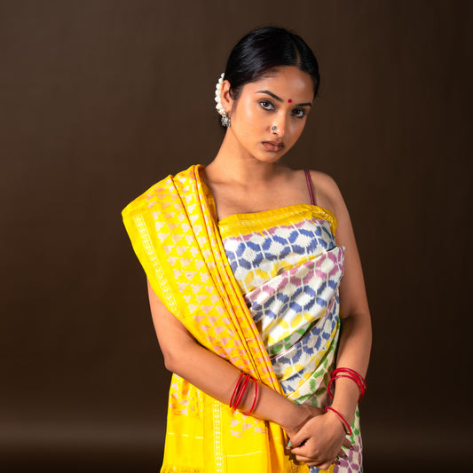 Bibhu Mohapatra Yellow & White Mulberry Silk Pochampally Ikat Saree Ikatan