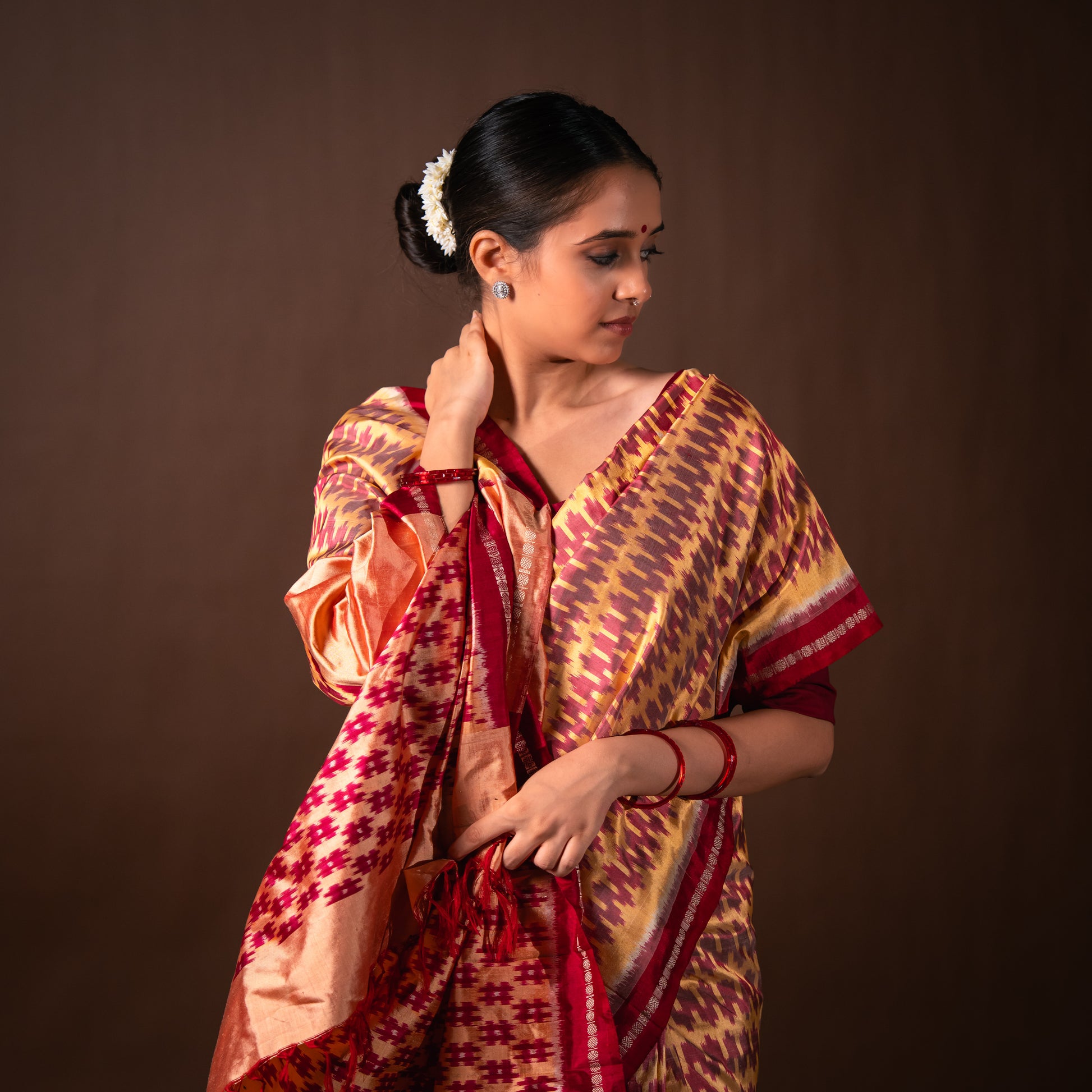 Bibhu Mohapatra Red & Yellow Mulberry Silk Pochampally Ikat Saree Ikatan