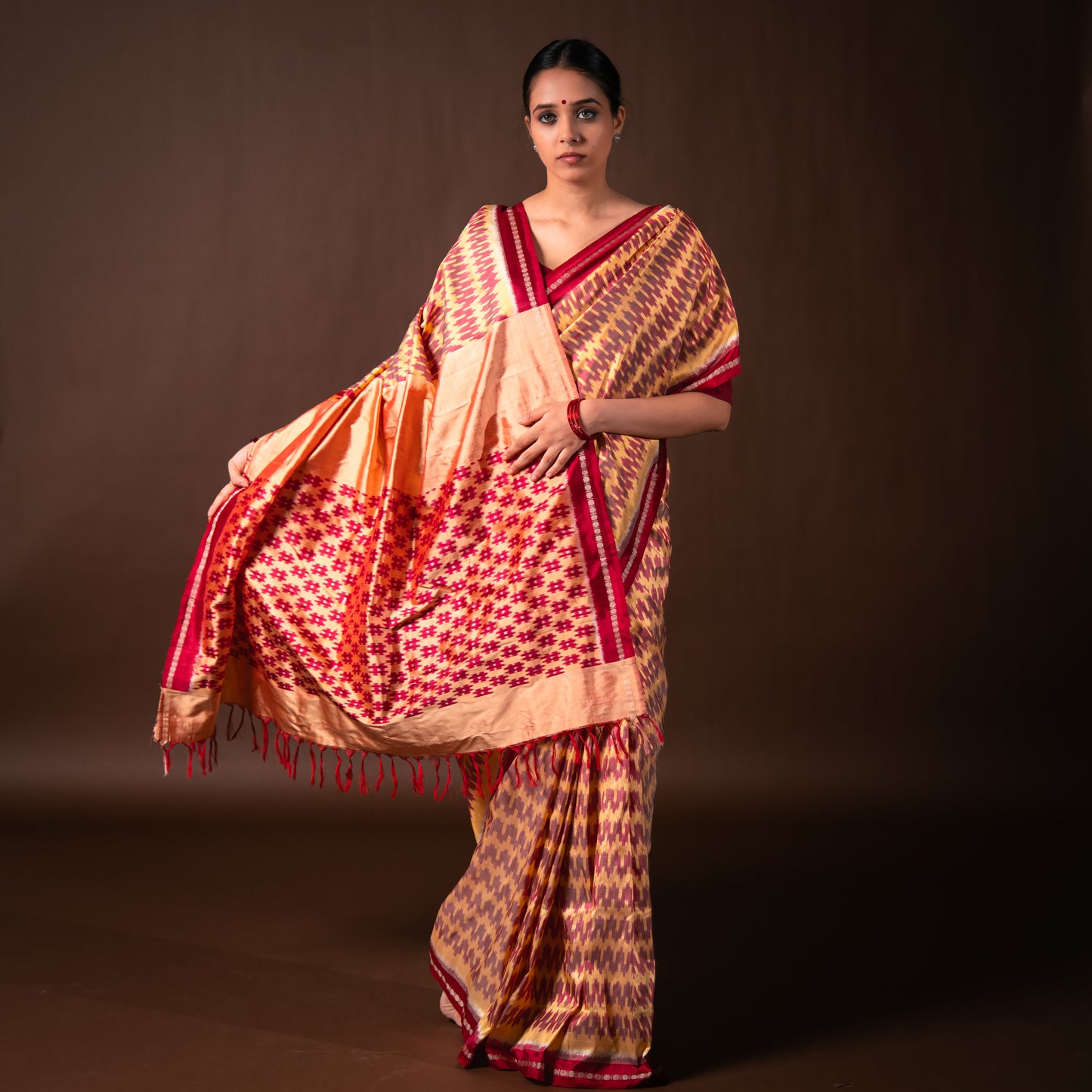 Bibhu Mohapatra Red & Yellow Mulberry Silk Pochampally Ikat Saree Ikatan