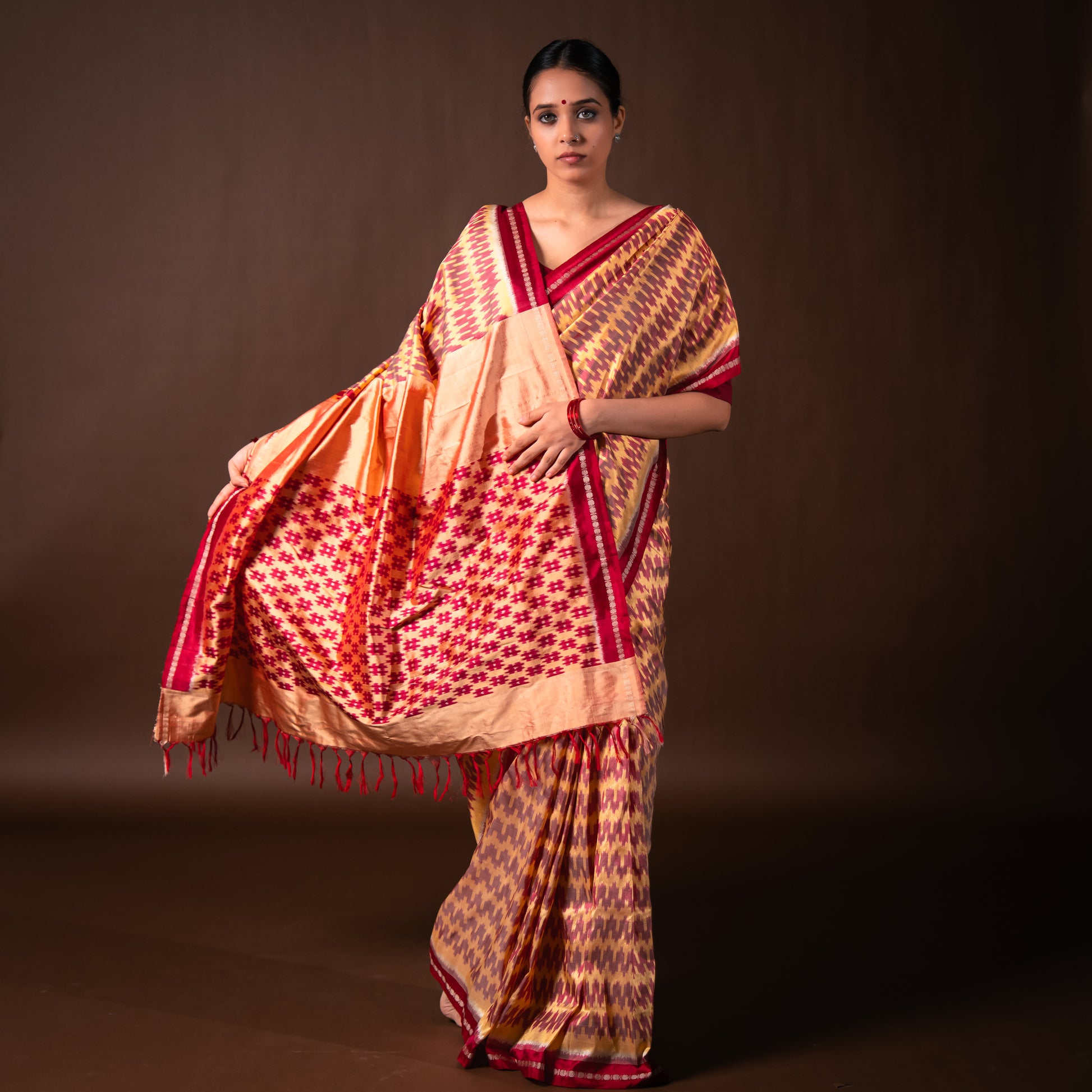 Bibhu Mohapatra Red & Yellow Mulberry Silk Pochampally Ikat Saree Ikatan