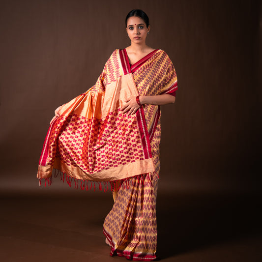 Bibhu Mohapatra Red & Yellow Mulberry Silk Pochampally Ikat Saree Ikatan