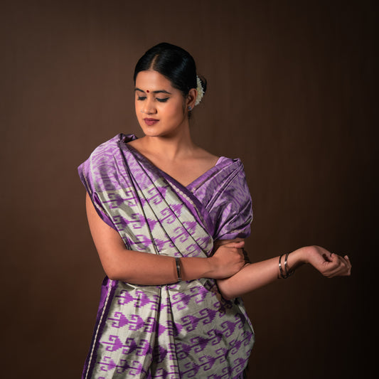 Bibhu Mohapatra Iris Purple with Silver Mulberry Silk Pochampally Ikat Saree Ikatan