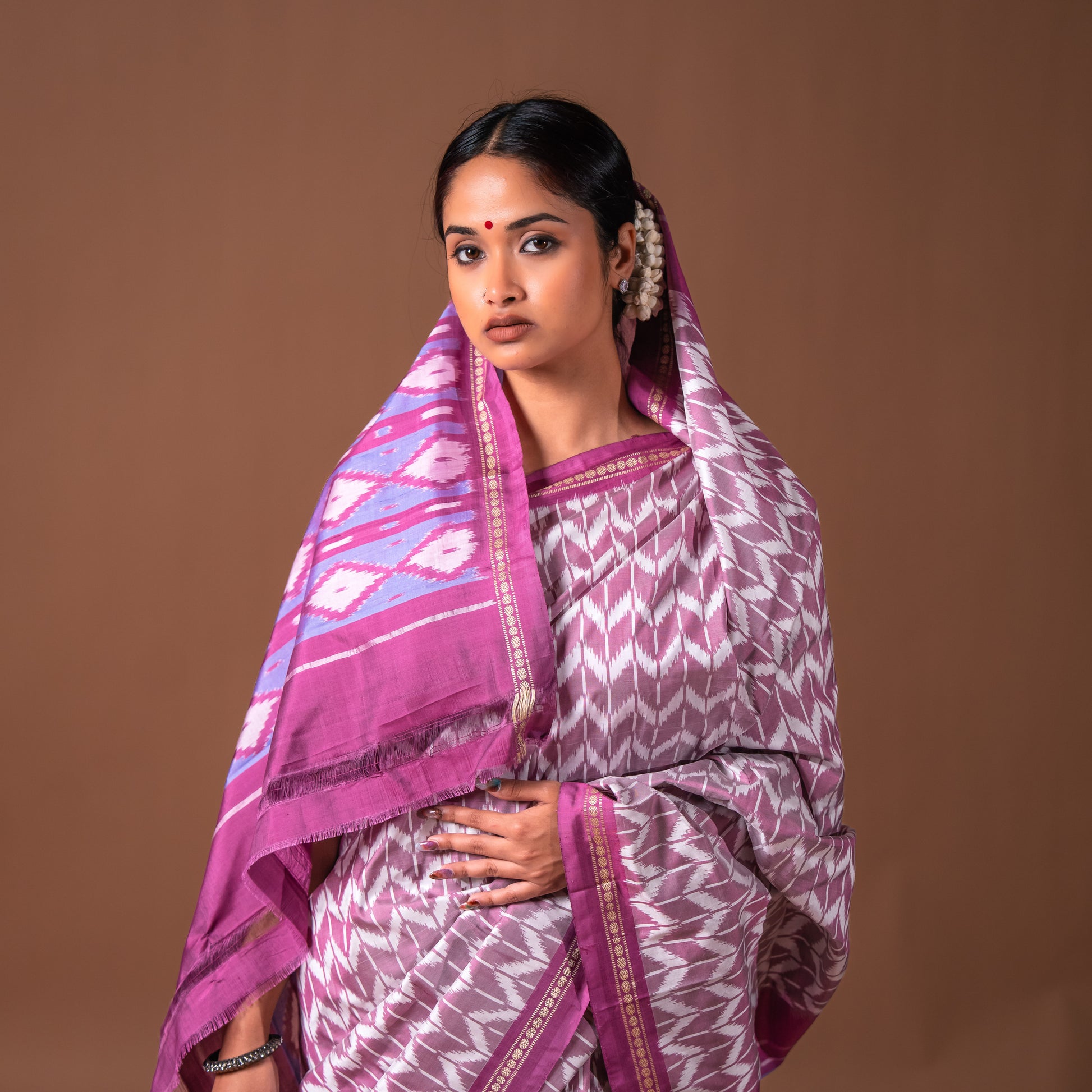 Bibhu Mohapatra Mauve & White Mulberry Silk Ikat Saree Ikatan