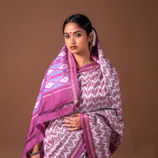 Bibhu Mohapatra Mauve & White Mulberry Silk Ikat Saree Ikatan