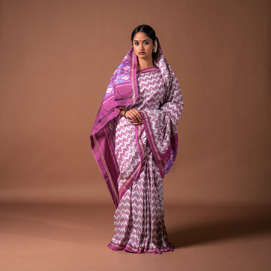 Bibhu Mohapatra Mauve & White Mulberry Silk Ikat Saree Ikatan