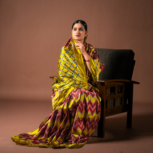 Ikatan Brown & Yellow Mulberry Silk Odisha Ikat Saree Ikatan