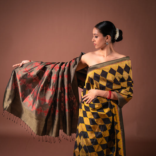 Bibhu Mohapatra Golden & Black Mulberry Silk Odisha Ikat Saree Ikatan