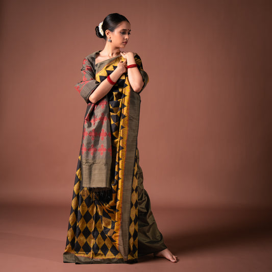 Bibhu Mohapatra Golden & Black Mulberry Silk Odisha Ikat Saree Ikatan