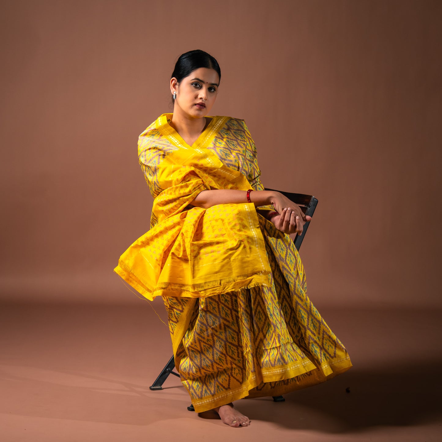 Bibhu Mohapatra Yellow & Brown Mulberry Silk Pochampally Ikat Saree Ikatan
