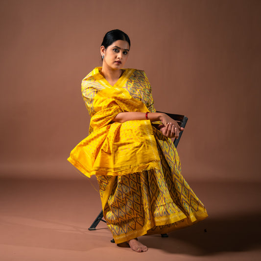 Bibhu Mohapatra Yellow & Brown Mulberry Silk Pochampally Ikat Saree Ikatan