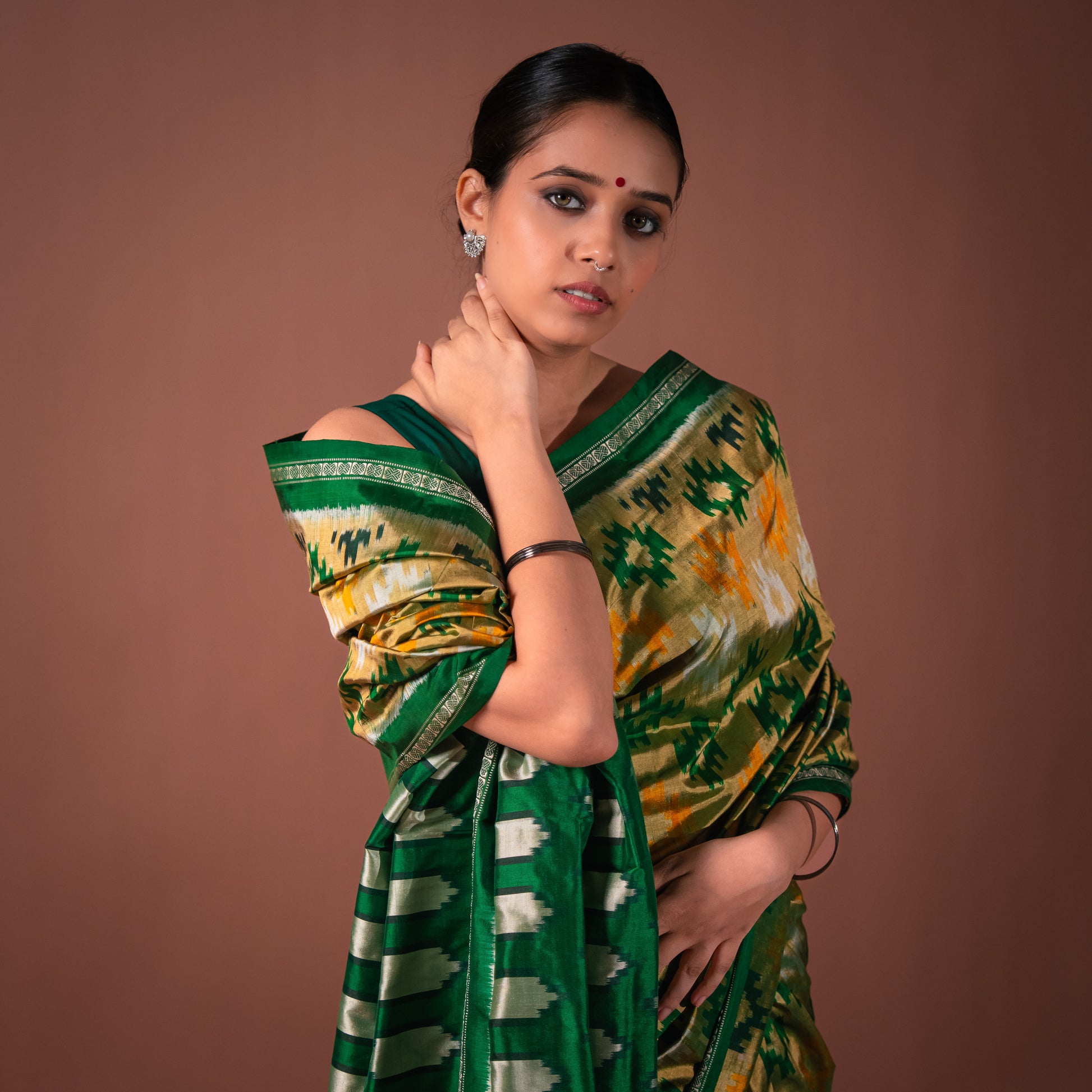 Bibhu Mohapatra Green & Yellow Mulberry Silk Pochampally Ikat Saree Ikatan