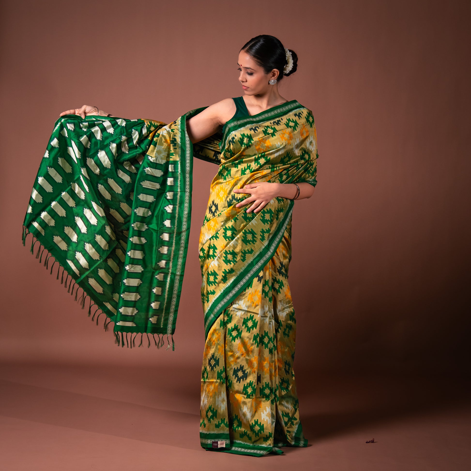 Bibhu Mohapatra Green & Yellow Mulberry Silk Pochampally Ikat Saree Ikatan