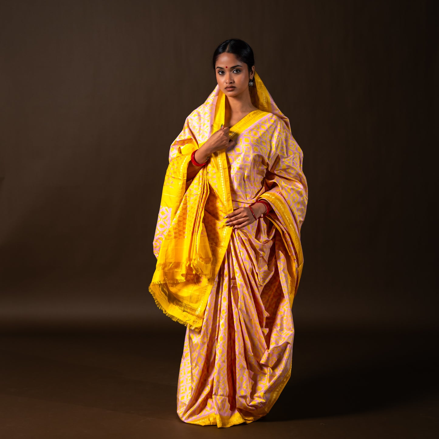 Bibhu Mohapatra Yellow & Pink Mulberry Silk Pochampally Ikat Saree Ikatan