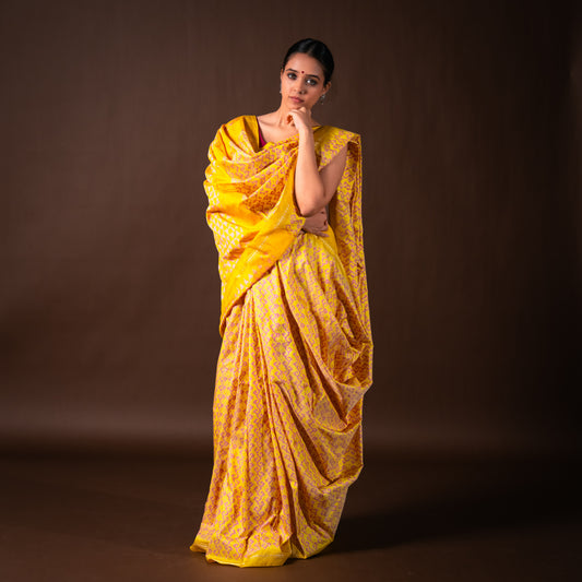 Bibhu Mohapatra Yellow Mulberry Silk Pochampally Ikat Saree Ikatan