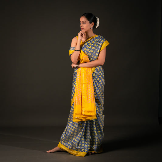 Bibhu Mohapatra Blue & Yellow Mulberry Silk Pochampally Ikat Saree Ikatan