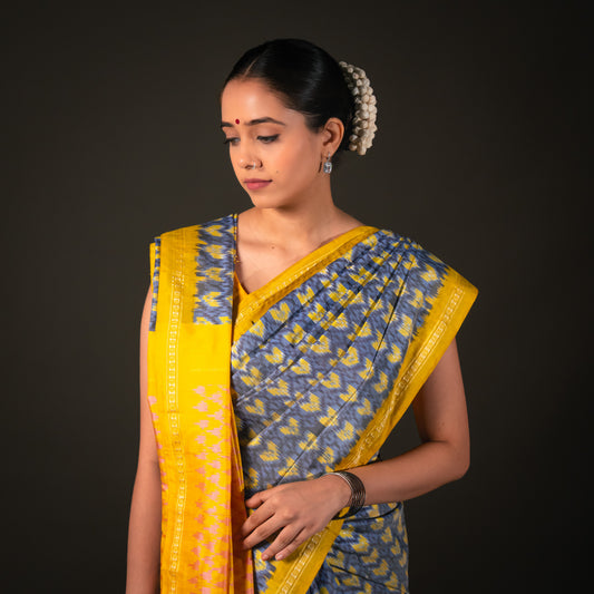 Bibhu Mohapatra Blue & Yellow Mulberry Silk Pochampally Ikat Saree Ikatan