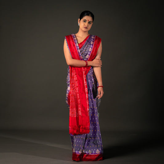 Ikatan Violet & Red Mulberry Silk Odisha Ikat Saree Ikatan