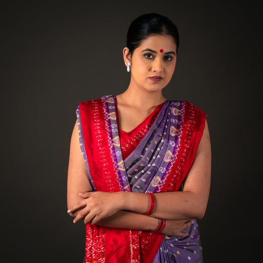 Ikatan Violet & Red Mulberry Silk Odisha Ikat Saree Ikatan