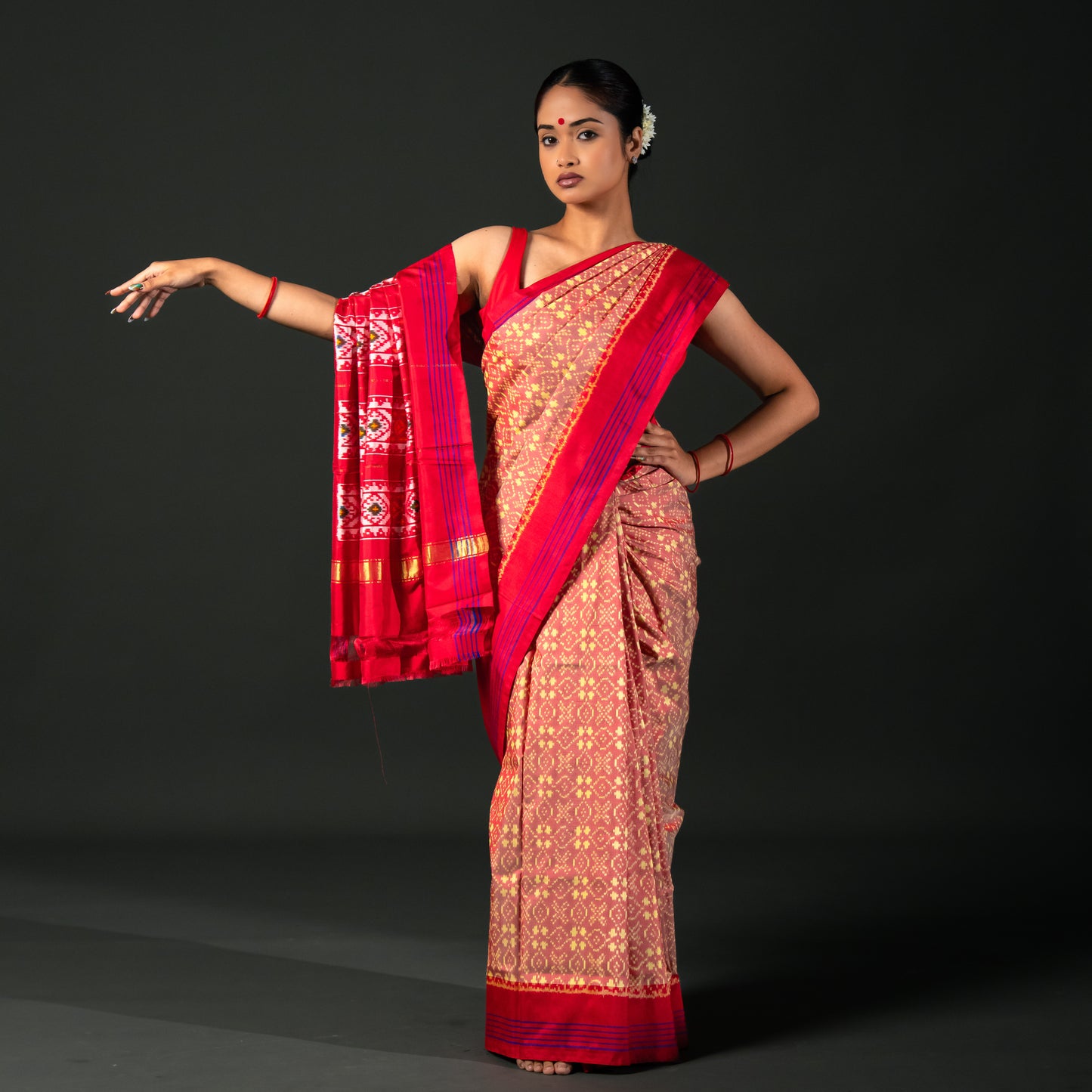 Ikatan Light Red & Yellow Mulberry Silk Odisha Ikat Saree Ikatan