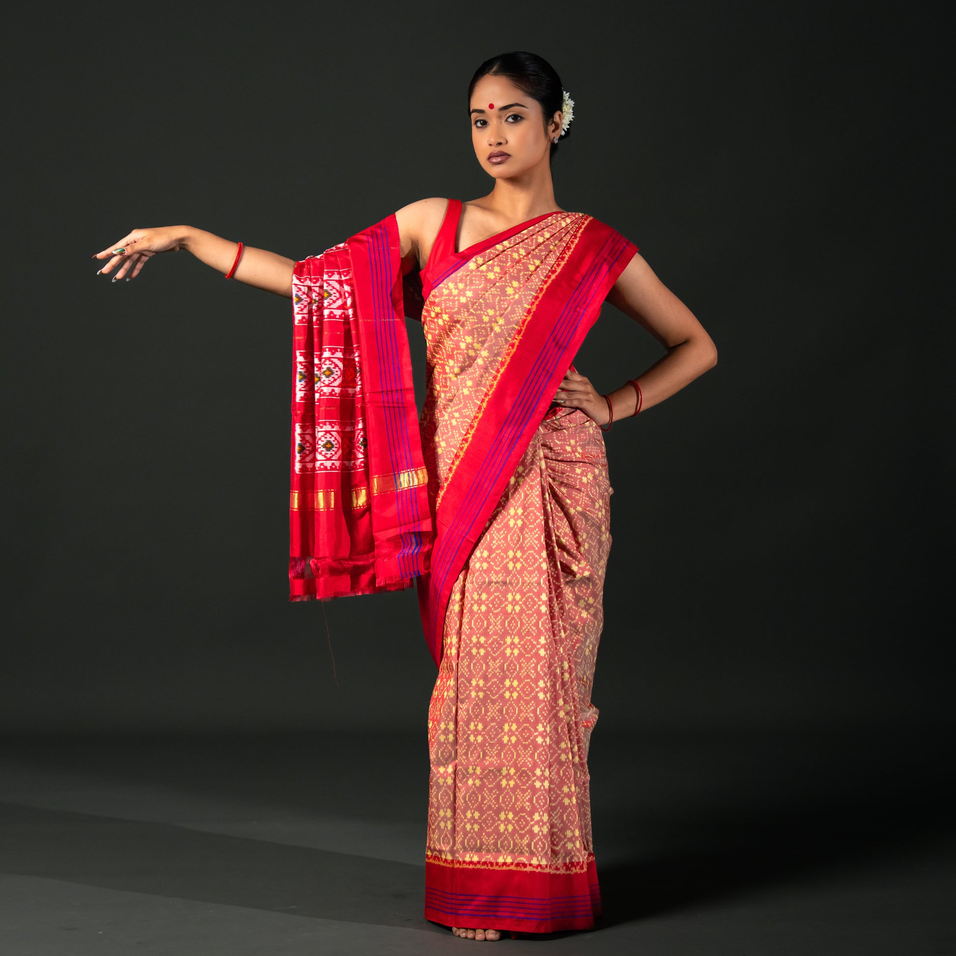 Ikatan Light Red & Yellow Mulberry Silk Odisha Ikat Saree Ikatan