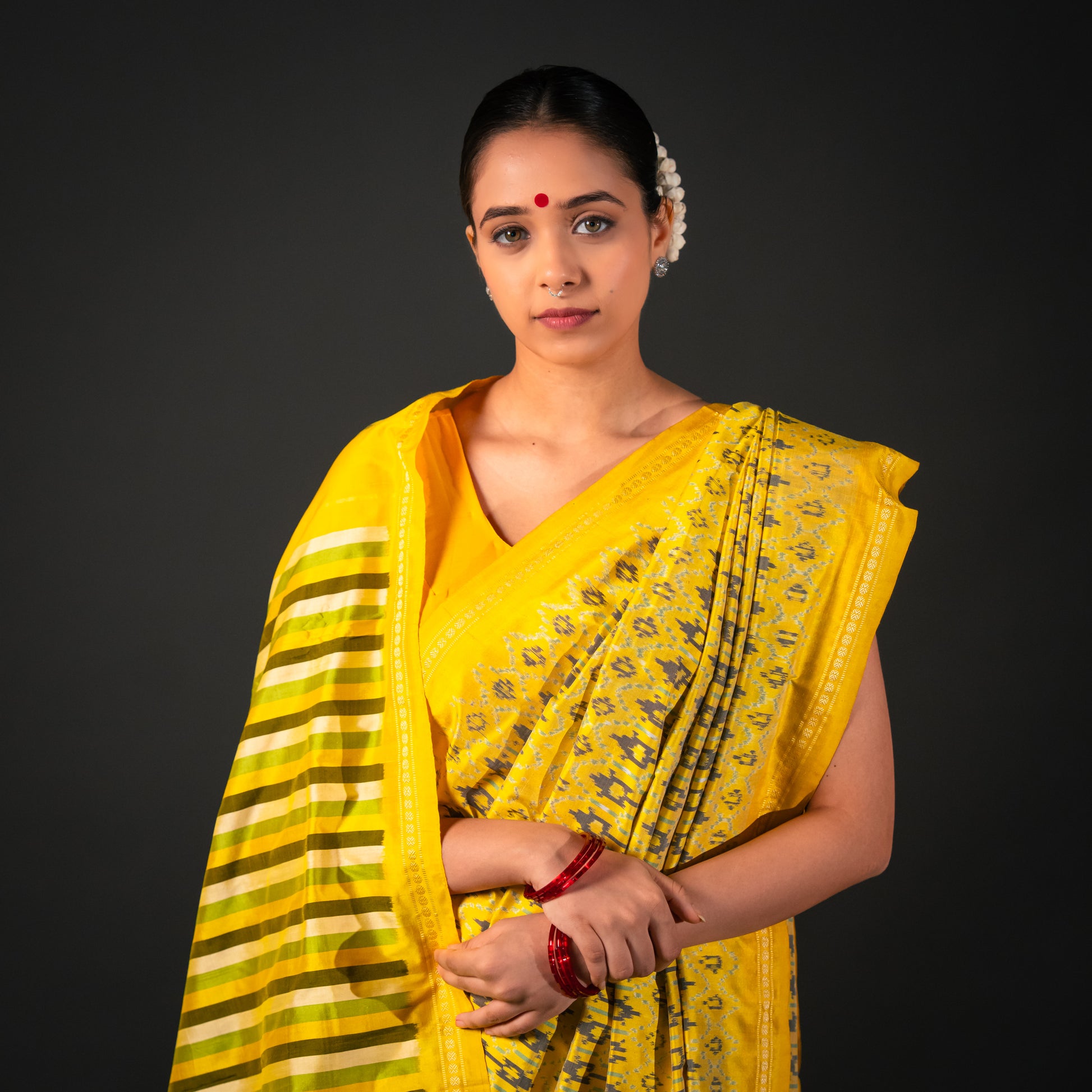 Bibhu Mohapatra Yellow & Olive Mulberry Silk Pochampally Ikat Saree Ikatan