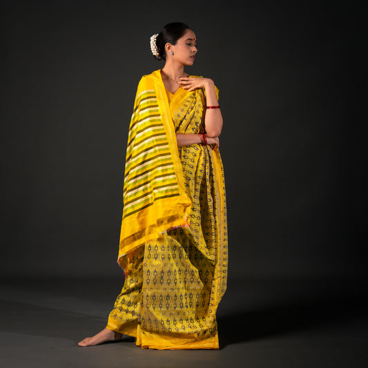 Bibhu Mohapatra Yellow & Olive Mulberry Silk Pochampally Ikat Saree Ikatan