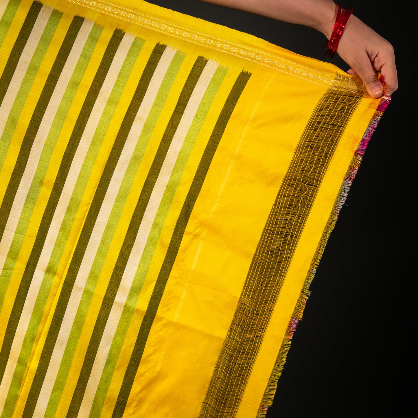 Bibhu Mohapatra Yellow & Olive Mulberry Silk Pochampally Ikat Saree Ikatan