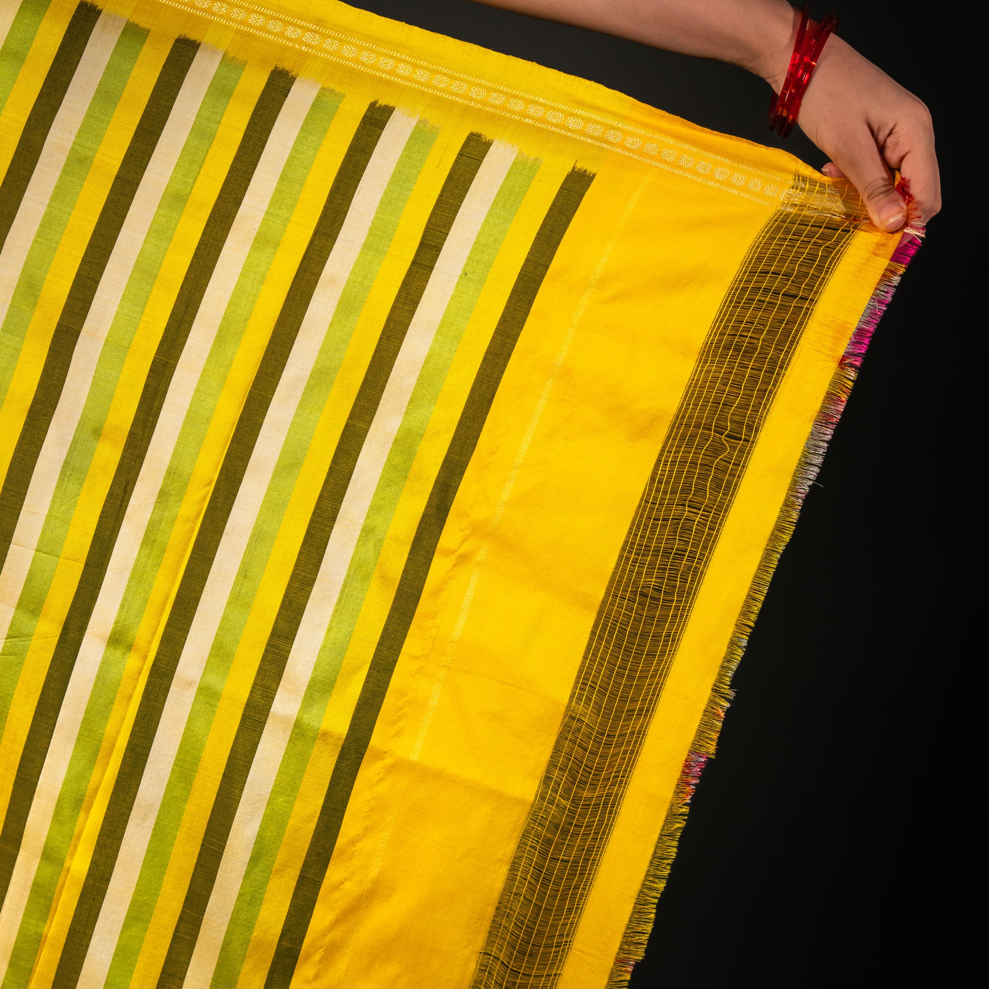 Bibhu Mohapatra Yellow & Olive Mulberry Silk Pochampally Ikat Saree Ikatan