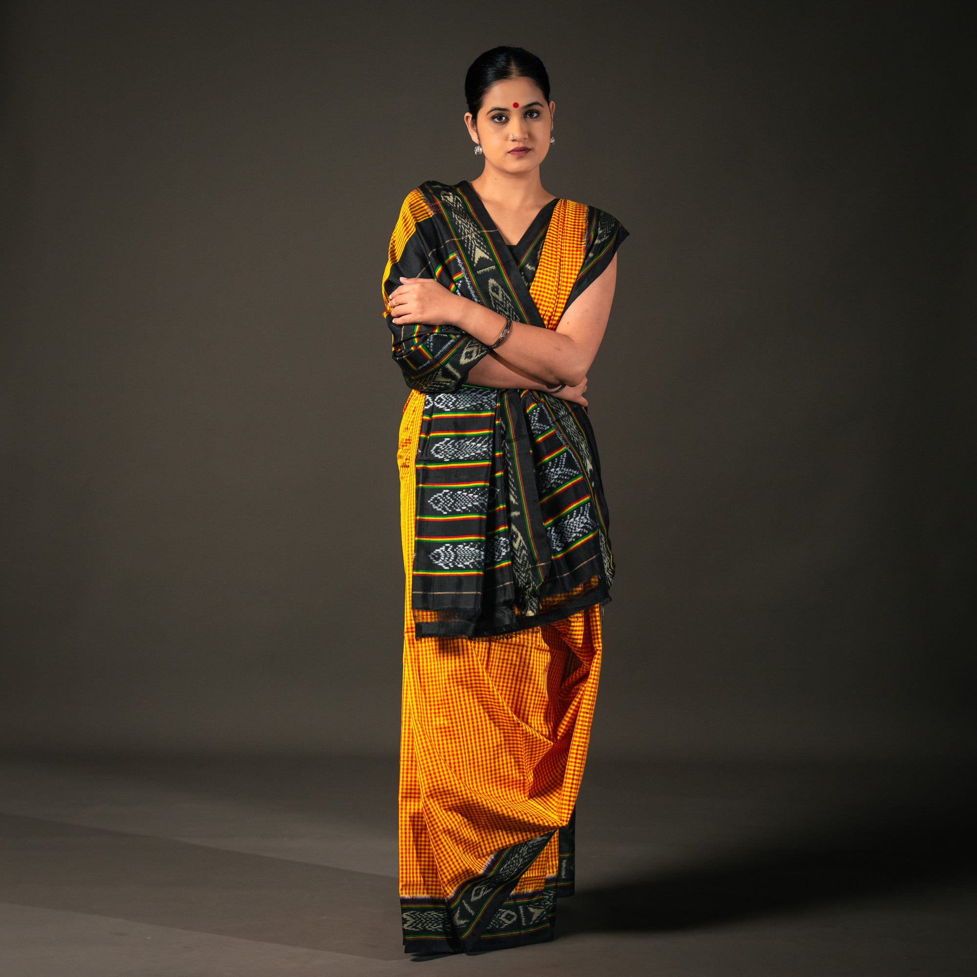 Ikatan Yellow & Black Mulberry Silk Ikat Saree Ikatan
