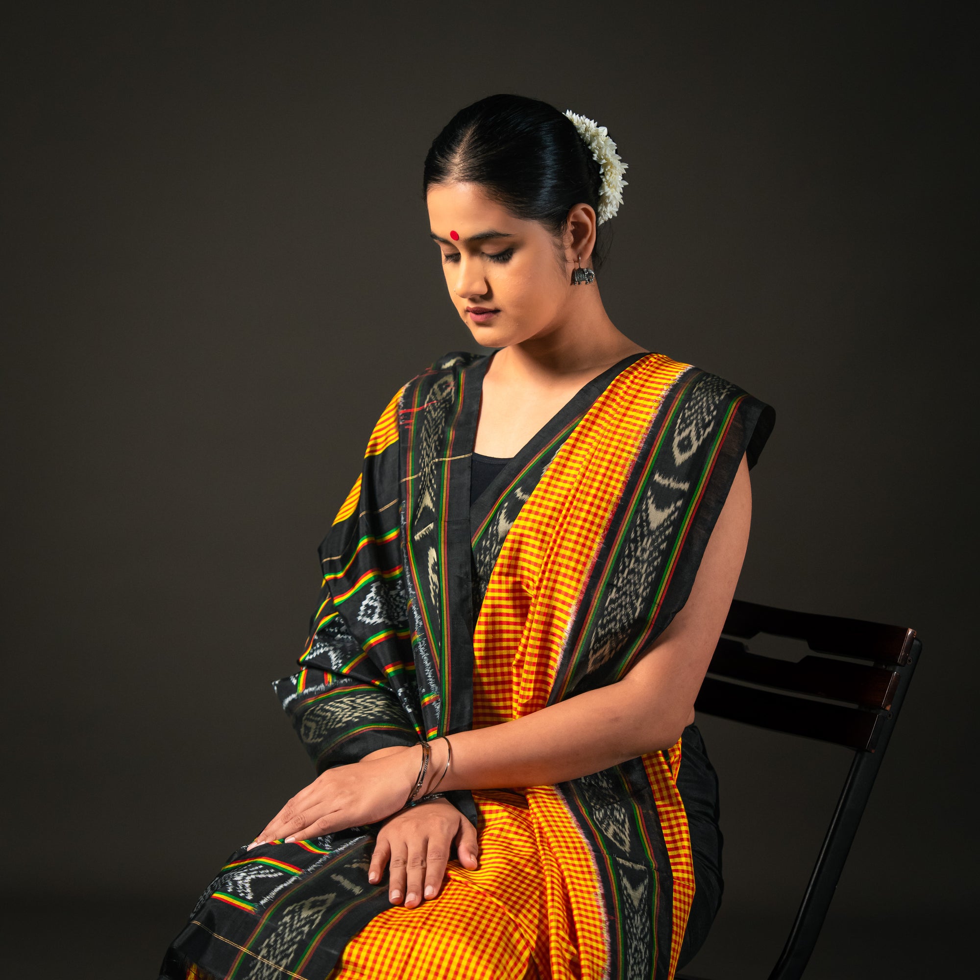 Ikatan Yellow & Black Mulberry Silk Ikat Saree Ikatan