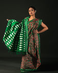 Ikatan Green & Red Mulberry Silk Pochampally Ikat Saree Ikatan