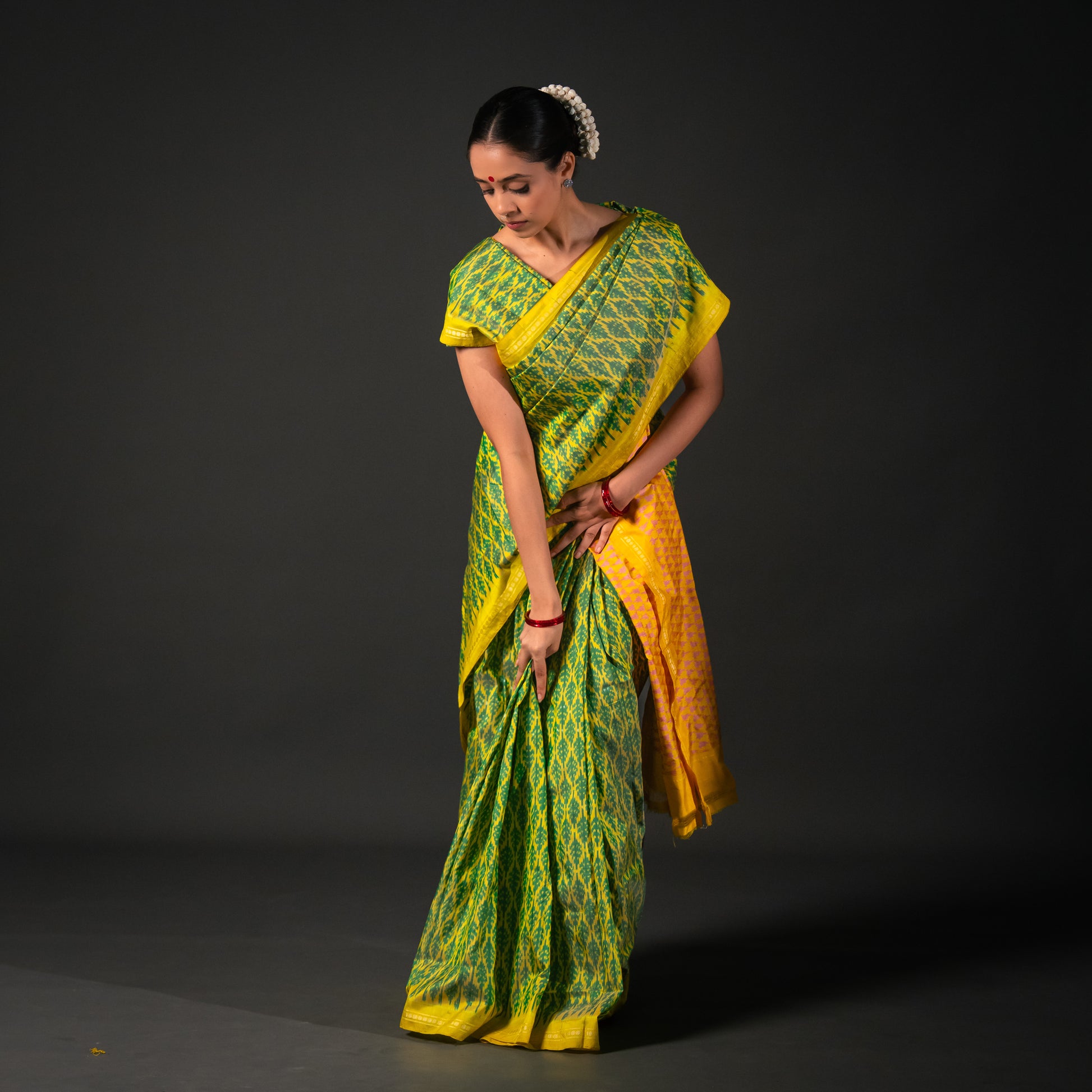 Bibhu Mohapatra Green & Yellow Mulberry Silk Pochampally Ikat Saree Ikatan