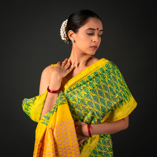 Bibhu Mohapatra Green & Yellow Mulberry Silk Pochampally Ikat Saree Ikatan