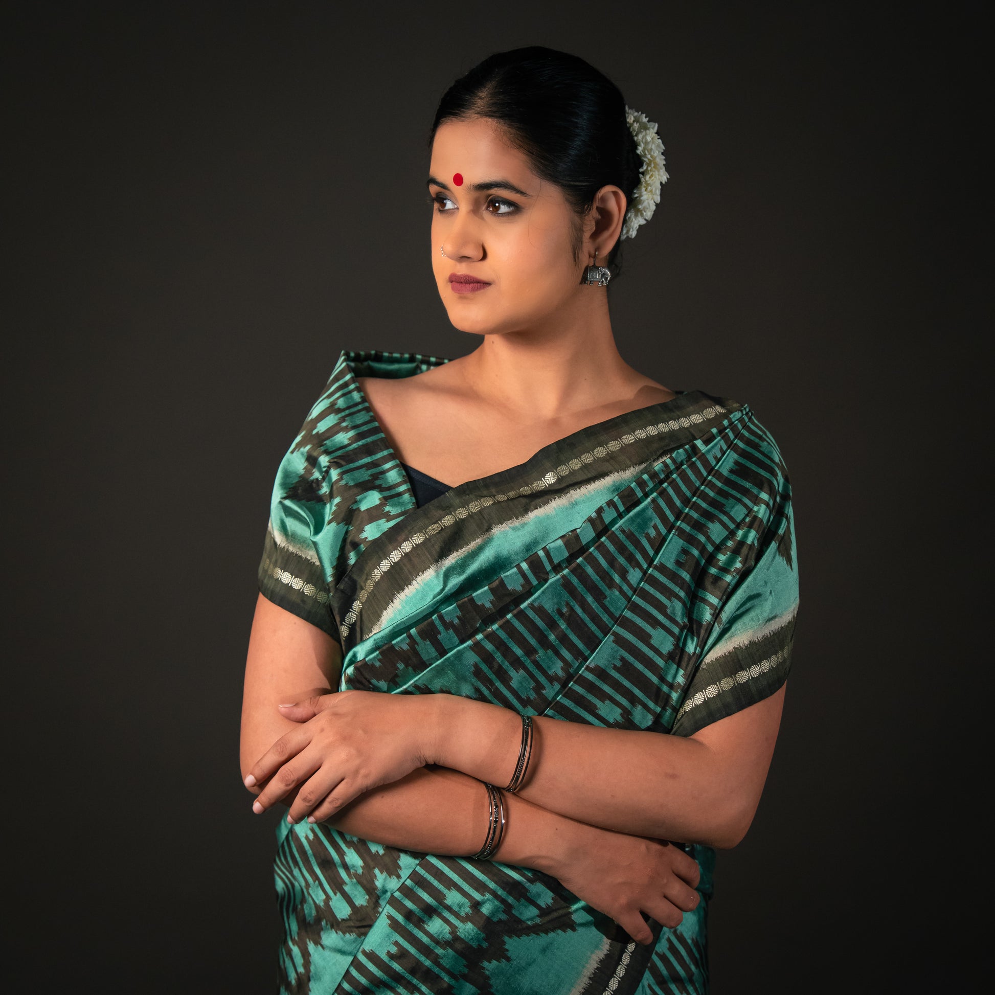 Ikatan Sea Green & Grey Mulberry Silk Pochampally Ikat Saree Ikatan