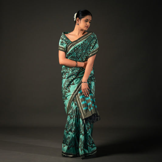 Ikatan Sea Green & Grey Mulberry Silk Pochampally Ikat Saree Ikatan