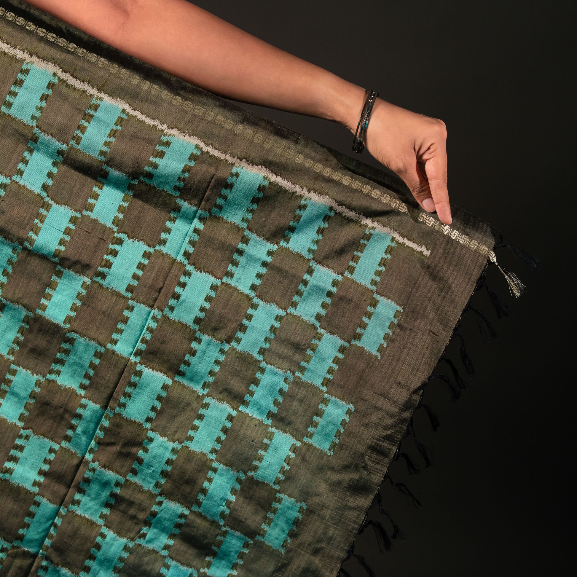 Ikatan Sea Green & Grey Mulberry Silk Pochampally Ikat Saree Ikatan