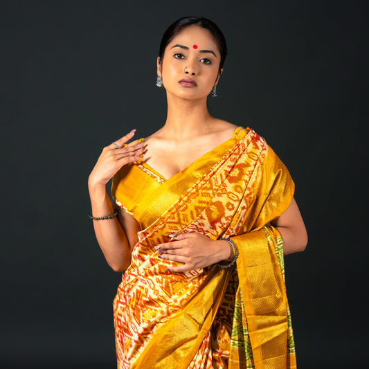 Ikatan Yellow & Orange Mulberry Silk Pochampally Ikat Saree Ikatan