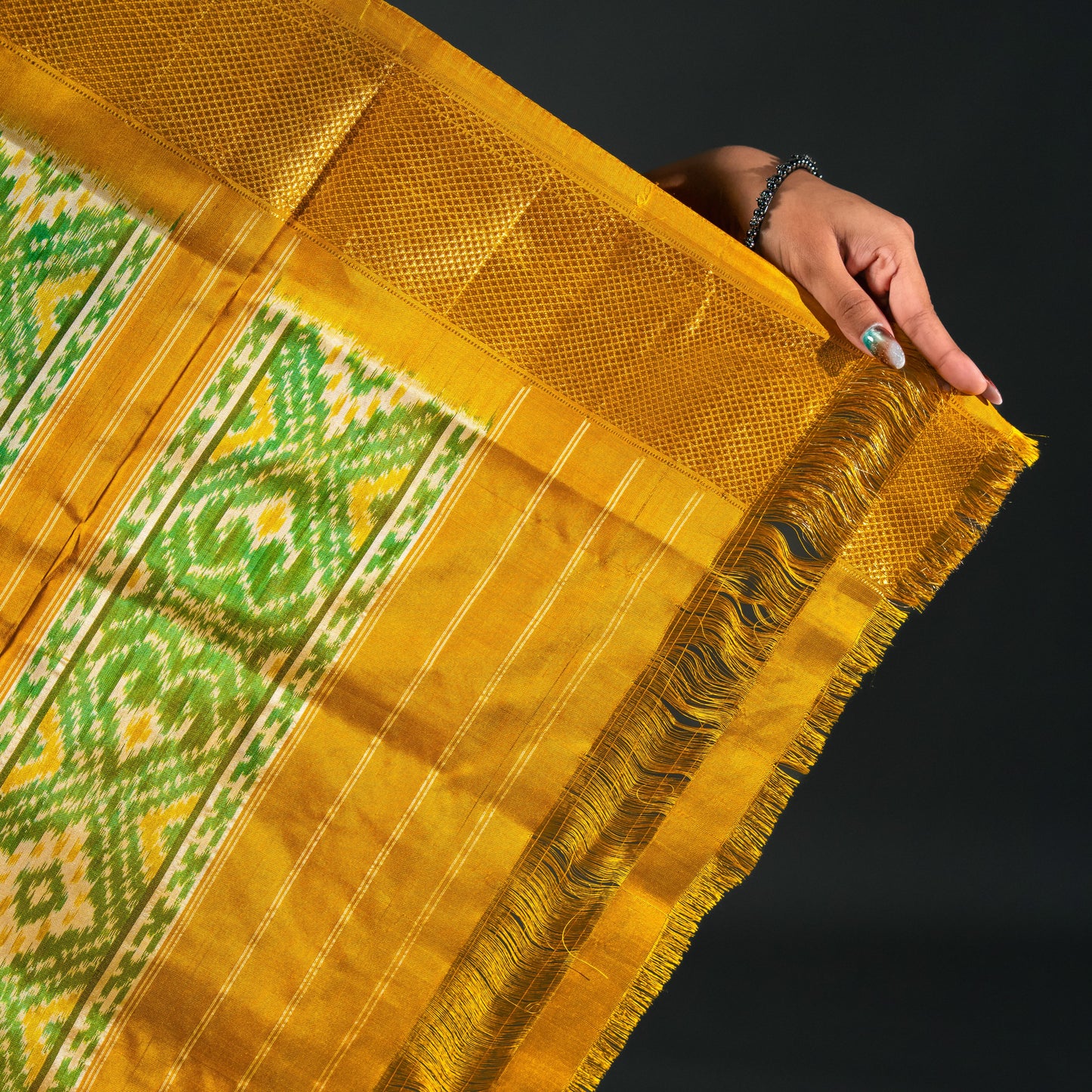 Ikatan Yellow & Orange Mulberry Silk Pochampally Ikat Saree Ikatan