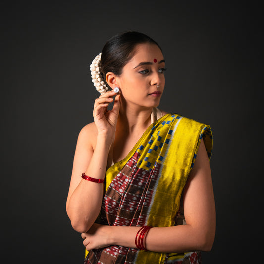 Ikatan Brown & Yellow Mulberry Silk Odisha Ikat Saree Ikatan