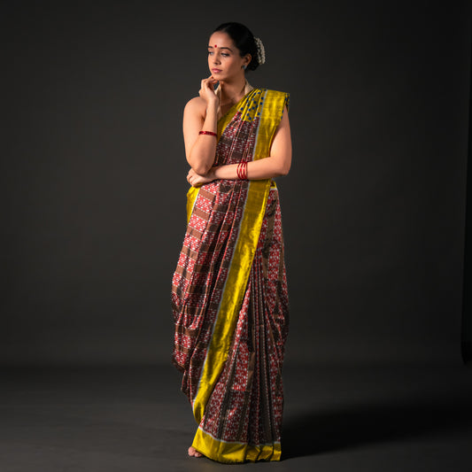 Ikatan Brown & Yellow Mulberry Silk Odisha Ikat Saree Ikatan