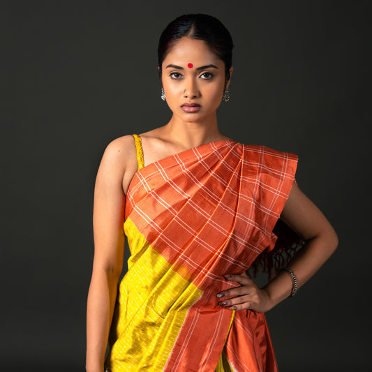 Ikatan Yellow & Orange Mulberry Silk Pochampally Ikat Saree Ikatan