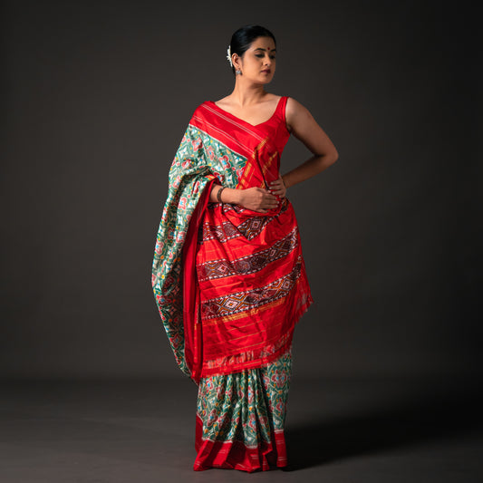 Ikatan Green & Red Mulberry Silk Patola Ikat Saree Ikatan