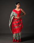 Ikatan Green & Red Mulberry Silk Patola Ikat Saree Ikatan