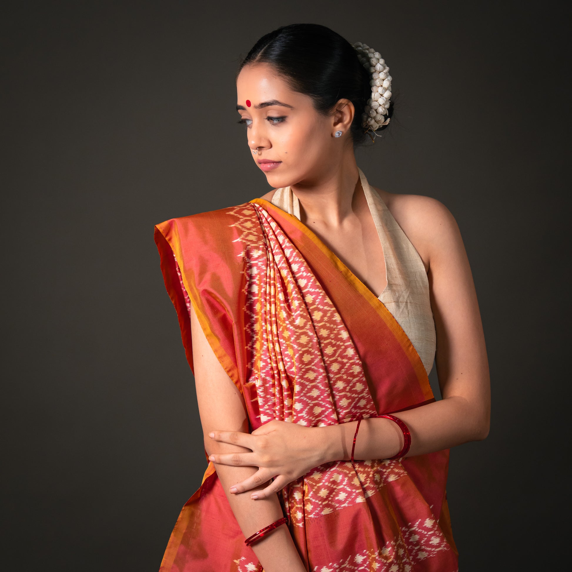 Ikatan Peach Mulberry Silk Odisha Ikat Saree Ikatan