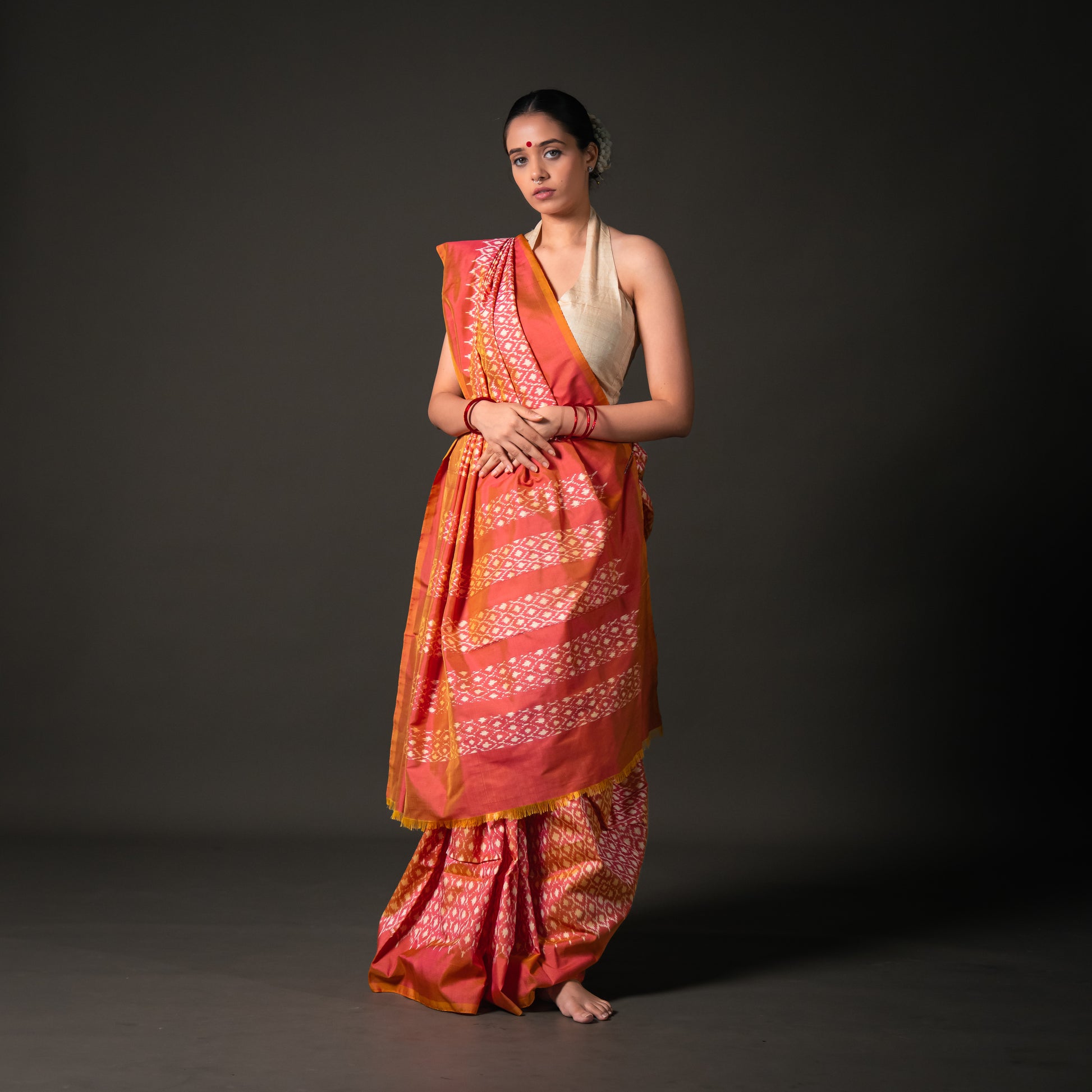 Ikatan Peach Mulberry Silk Odisha Ikat Saree Ikatan