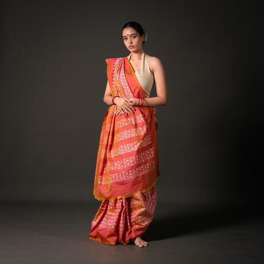 Ikatan Peach Mulberry Silk Odisha Ikat Saree Ikatan